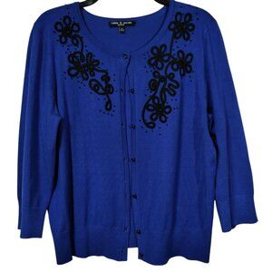 Cable & Gauge 3/4 Sleeve Cardigan Sweater Embellished Blue Women's Size PL Large